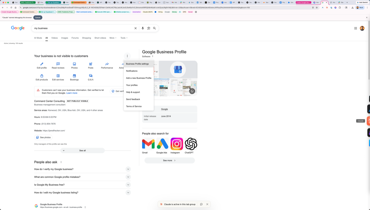 Step 3: Three-dot menu with dropdown showing Business Profile settings option